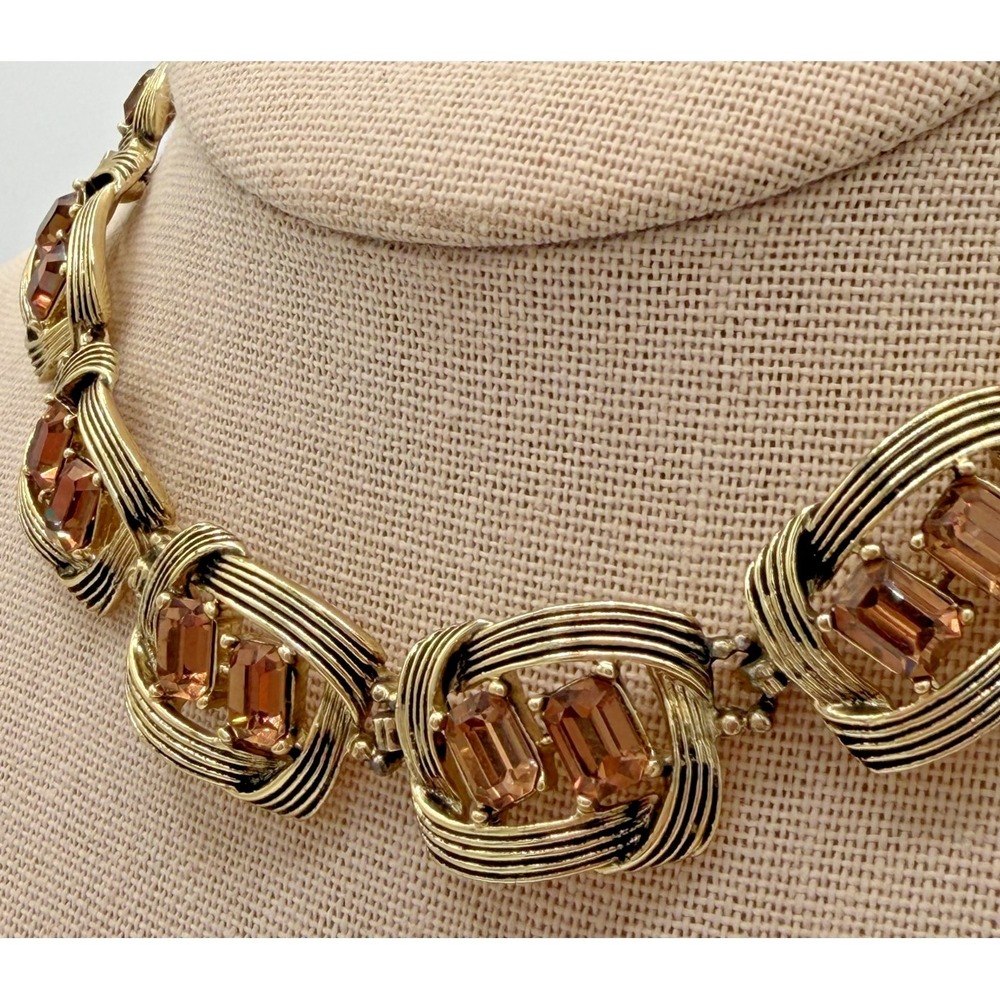 Vintage KRAMER Gold Tone Textured Ribbon Topaz Brown Rhinestone Choker Necklace